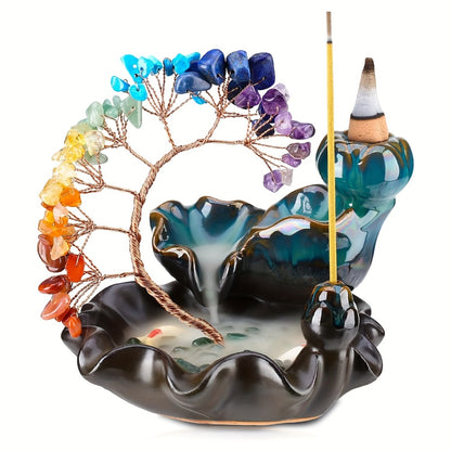 Backflow Incense Burner Crystal Money Tree Waterfall Smoke Incense Holder Ceramic Cone Stick Burner for Yoga Meditation Home Decor Altar Decoration