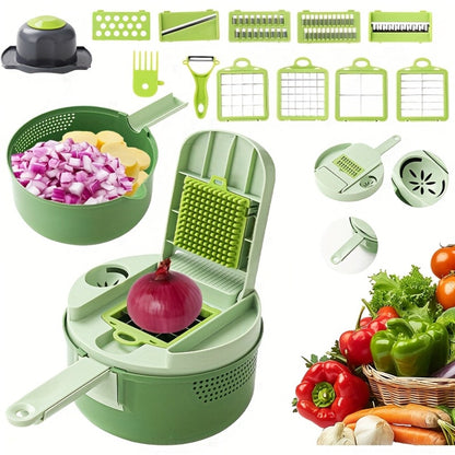 Vegetable Chopper 16-in-1 Heavy Duty Manual Food Processor with Container – Onion Dicer, Potato Slicer, Garlic Mincer, Carrot Cutter, Multi-Function Kitchen Veggie Chopper for Tomato, Pepper, Cucumber