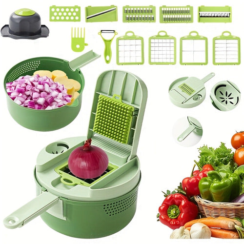 Vegetable Chopper 16-in-1 Heavy Duty Manual Food Processor with Container – Onion Dicer, Potato Slicer, Garlic Mincer, Carrot Cutter, Multi-Function Kitchen Veggie Chopper for Tomato, Pepper, Cucumber