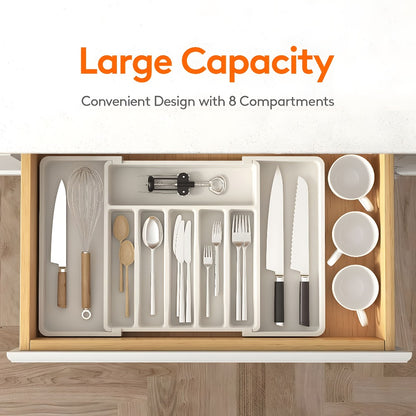 Silverware Organizer Adjustable Drawer Organizer | Utensil & Cutlery Storage Tray for Kitchen Drawer | Expandable Knife Fork Spoon Holder 22.4" x 15" x 2" | Kitchen Organization & Storage in Black Grey White