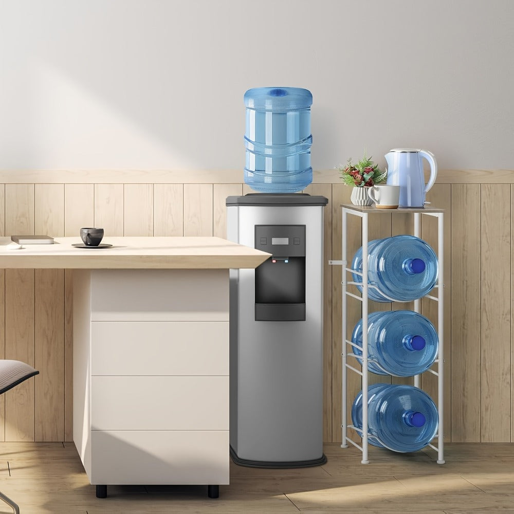 5-Gallon Water Jug Holder 3-Tier – Heavy Duty Water Bottle Rack Organizer with Top Shelf & Adjustable Legs for Kitchen, Living Room & Office – Particleboard & Steel Frame, White, Brown & Black