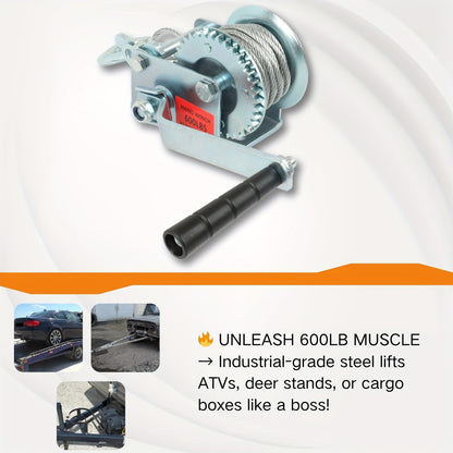 Manual Hand Winch Heavy Duty Carbon Steel 800-1600 lbs - Double Brake Safety System, Strap Winch with Mooring Hook & Safety Pawl, for Boat, ATV, Trailer, Farm, Garage & Industrial Pulling Tasks