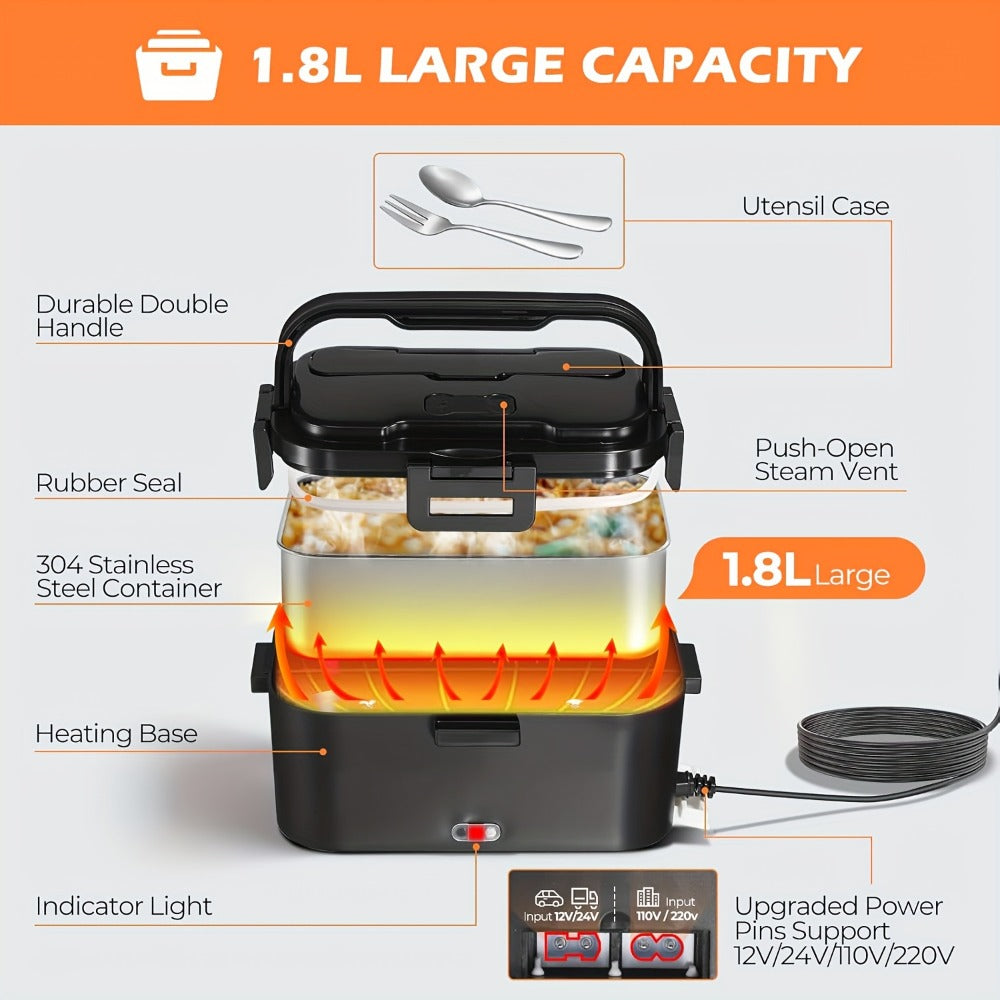 Electric Lunch Box Portable Food Warmer 60oz – 110V Home & 12V/24V Car Heated Meal Container, Stainless Steel, Leak-Proof with Insulated Bag & Fork for Office, Truck, Travel & Camping