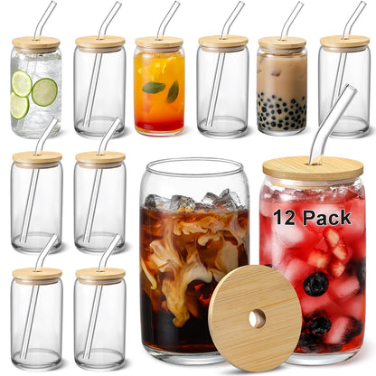 Glass Coffee Mug with Bamboo Lid & Straw | Iced Coffee Glass Cup Set, Mason Jar Mug, Reusable Drinking Glasses, Holiday Gift