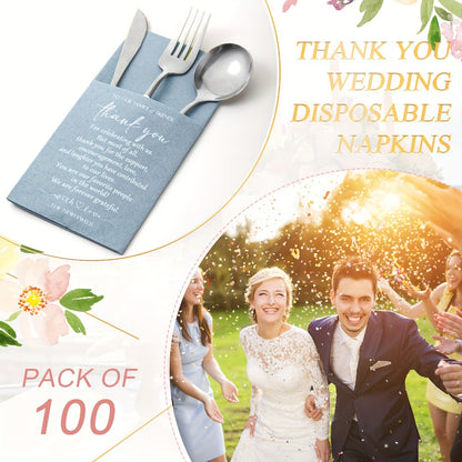 Wedding Cocktail Napkins 100pcs Thank You Napkins with Utensil Pocket Haze Blue Tissue Napkins for Bridal Shower Rehearsal Dinner Reception Party Supplies Newlyweds Guests