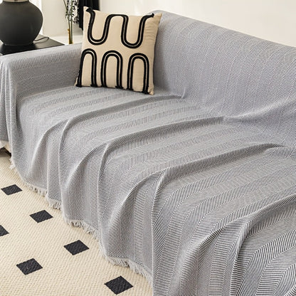 Herringbone Sofa Throw Cover with Tassels Jacquard Woven Solid Color Washable Polyester Sofa Blanket Slipcover for 3 4 Seater Couch Living Room - Grey Coffee Green Blue