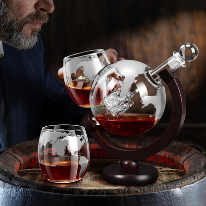 Whiskey Decanter Set with Glasses and Wooden Stand Ball Globe 28oz or Sailboat 44oz Etched Crystal Glass Cups for Whiskey Bourbon Scotch Birthday Wedding Anniversary Gift