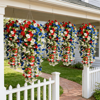 Artificial Hanging Morning Glory Flowers 6pcs - Red White Blue Fake Flower Vines for Home Garden Outdoor Indoor Decor, Independence Day Memorial Day Decoration, No Maintenance Plastic Blooms