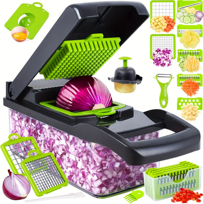 Vegetable Chopper 16-in-1 Multifunctional Food Chopper Slicer & Dicer – Manual Kitchen Chopper with 8 Interchangeable Blades & Container for Fruits, Vegetables & Onions – 1-10L Capacity