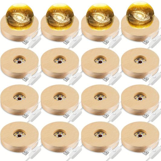 LED Light Base Wooden Display Stand 16 Pack USB Powered Warm White Light Base for 3D Crystal Glass Resin Art Trophy Figurine Night Light Display Pedestal Party Favor Gift Wood Color