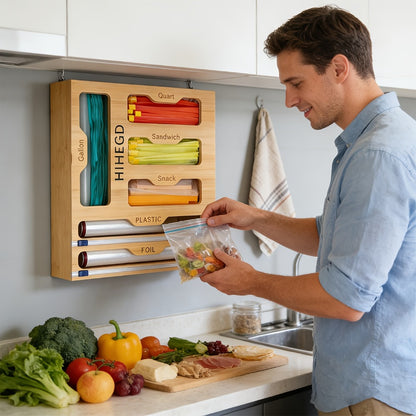 Bamboo Wrap Dispenser 6-in-1 Kitchen Organizer – Built-In Cutter, 6-Grid Storage Box for Plastic Wrap, Aluminum Foil & Bags, Space-Saving Drawer Organizer for Pantry & Kitchen Counter