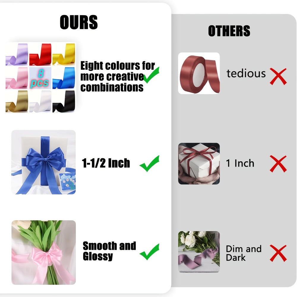 Satin Ribbon 1.5 Inch Wide – 8 Rolls 200 Yards Assorted Colors, Solid Color Silk Ribbon for Gift Wrapping, Hair Bows, Wedding, Party, Christmas & DIY Crafts