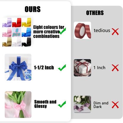 Satin Ribbon 1.5 Inch Wide – 8 Rolls 200 Yards Assorted Colors, Solid Color Silk Ribbon for Gift Wrapping, Hair Bows, Wedding, Party, Christmas & DIY Crafts