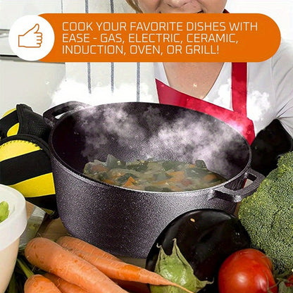 Cast Iron Dutch Oven Set – 6.1QT Deep Pot + 1.9QT Frying Pot, 2-in-1 Cookware with Silicone Handles, Iron Frame & Scraper, Oven, Stovetop, Induction & BBQ Compatible, 6-Pack Bundle