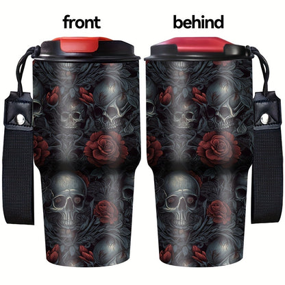 Insulated Tumbler 20oz Gothic Skull & Roses Stainless Steel Travel Mug with Carrying Strap, Coffee Cup Water Bottle for Camping Travel Halloween Gift