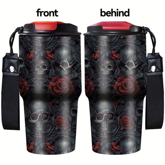 Insulated Tumbler 20oz Gothic Skull & Roses Stainless Steel Travel Mug with Carrying Strap, Coffee Cup Water Bottle for Camping Travel Halloween Gift