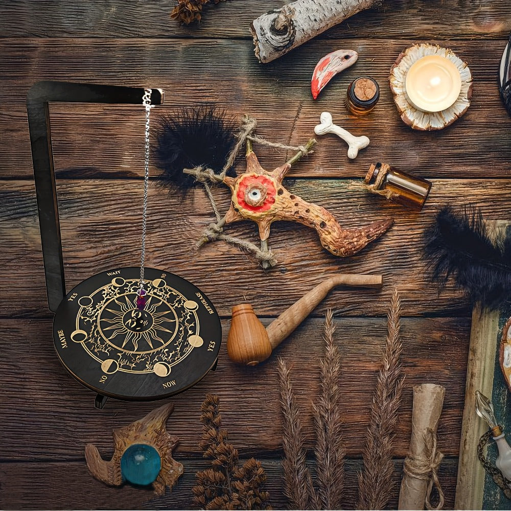 Wooden Pendulum Stand for Divination – Crystal Display Holder, Witchcraft Altar Decor, Meditation Ritual Necklace Organizer & Constellation Moon