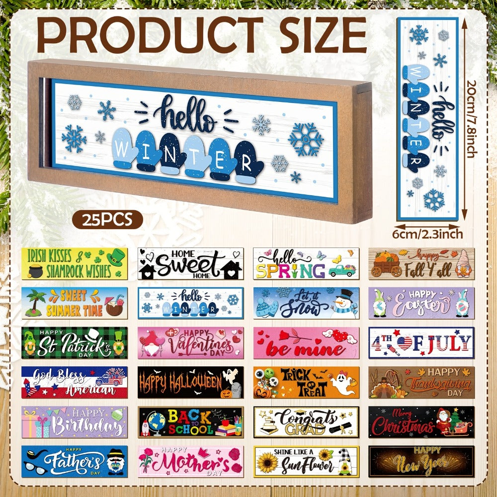 Interchangeable Seasonal Wood Welcome Sign 25-Piece Set – Wooden Frame Table Decor with Swappable Holiday Signs for Fall, Thanksgiving, Halloween & Autumn Wreath Decoration