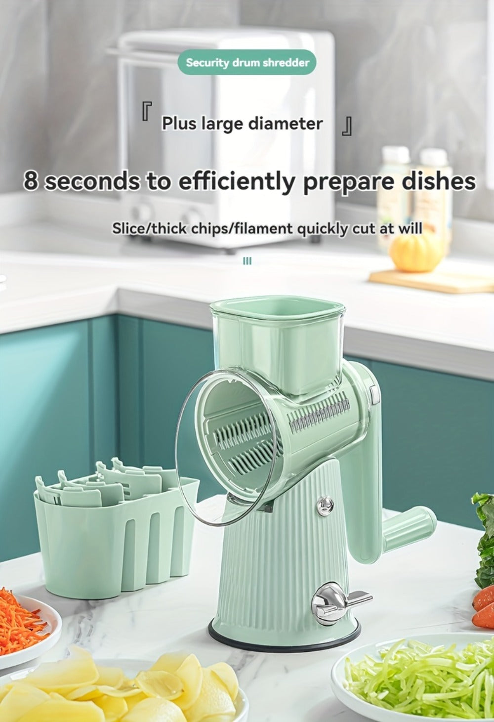 Rotary Cheese Grater with Interchangeable Blades – 5-in-1 Manual Vegetable Slicer Shredder Set, Suction Cup Base, Easy to Clean, Multifunctional Kitchen Tool for Fruits, Vegetables & Nuts