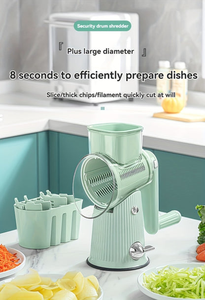 Rotary Cheese Grater with Interchangeable Blades – 5-in-1 Manual Vegetable Slicer Shredder Set, Suction Cup Base, Easy to Clean, Multifunctional Kitchen Tool for Fruits, Vegetables & Nuts