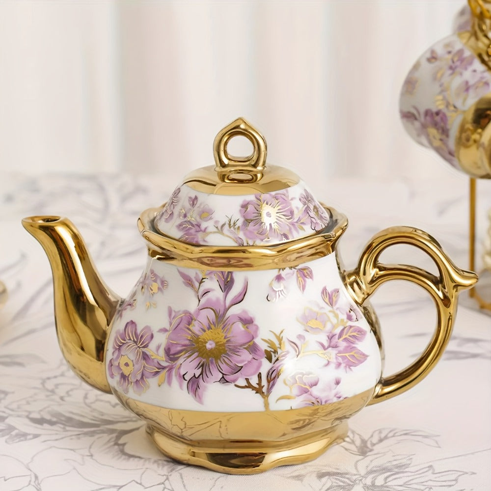 European Floral Ceramic Tea Set 20 Pcs – Italian Style Afternoon Tea Set with Metal Stand – Blooming Pattern Teapot & Cups – Elegant Gift for Tea Lovers & Special Occasions – Golden