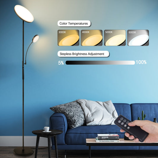 LED Floor Lamp with Reading Light – 27W 2300LM Dimmable Torchiere Standing Lamp, 4 Color Temperatures, Remote & Touch Control, Metal Base for Living Room Bedroom Home Office (Black/White)