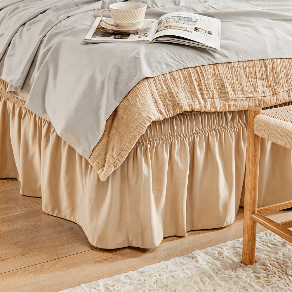 Bed Skirt with Adjustable Elastic Belt - Ruffle Microfiber Dust Ruffle 15 Inch Drop, Hotel Quality, Fade Resistant, Machine Washable, Easy Wrap Fit