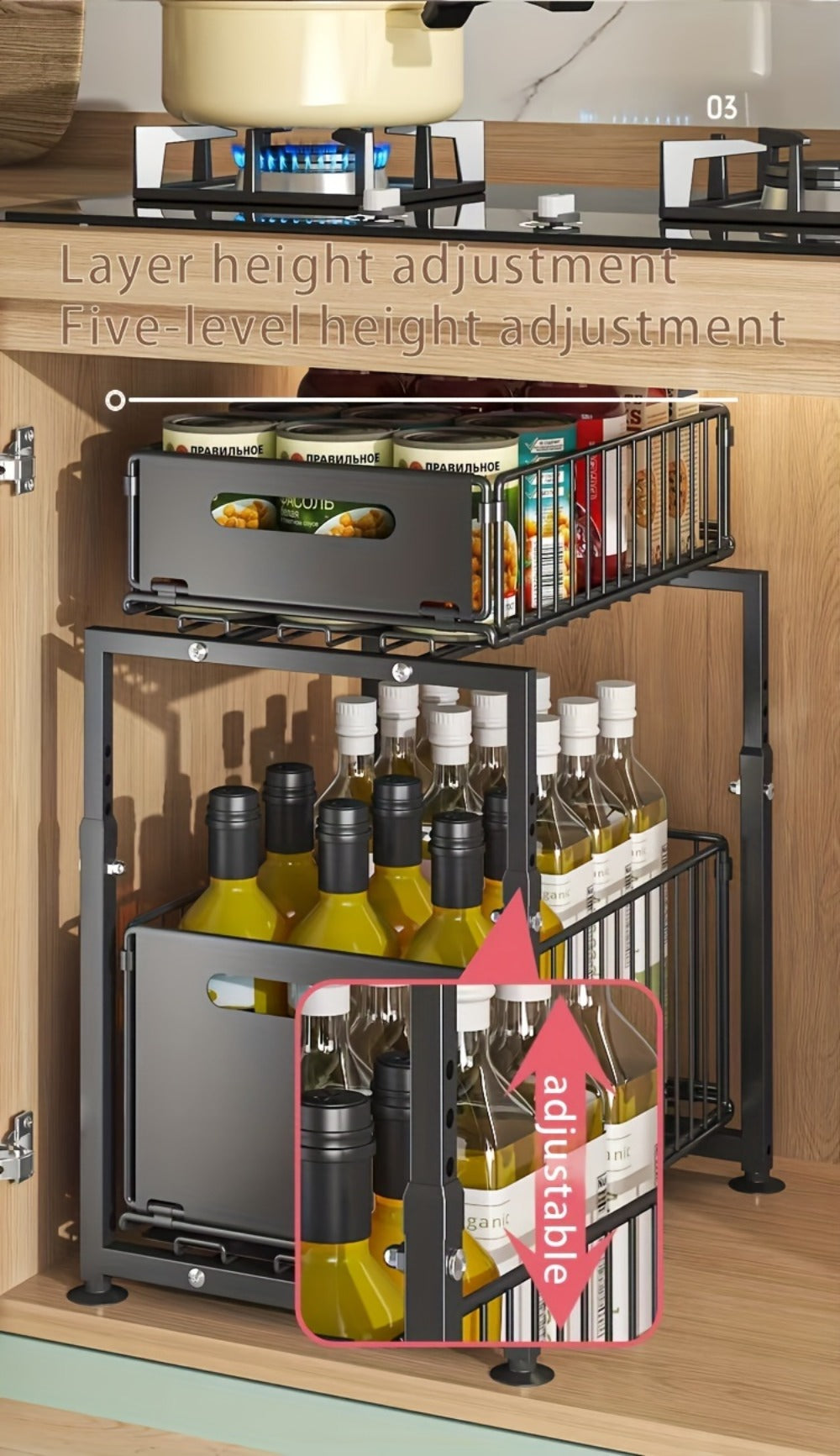 Under Sink Organizer 2-Tier Slide Out Pull Out Drawer Metal Basket Height Adjustable - Under Sink Cabinet Organizer for Kitchen Bathroom Storage, Sliding Shelf Rack for Cleaning Supplies Toiletries