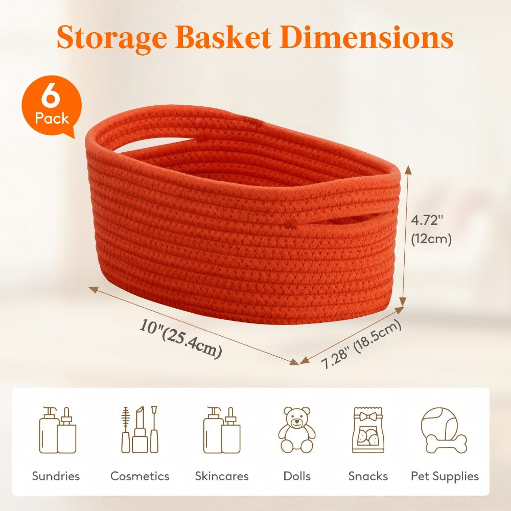 Woven Storage Baskets 6-Pack Cotton Rope Cube Bins 11x7x5" | Handmade Small Shelf Baskets for Organizing Closet Bedroom Living Room Playroom | Round Decorative Storage Caddy Multiple Colors