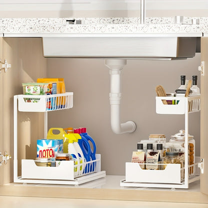 Under Sink Organizer 2-Tier Sliding Pull-Out Metal Rack Cabinet Storage for Kitchen Bathroom Refrigerator Adjustable Shelf Organizer in Black White Gray
