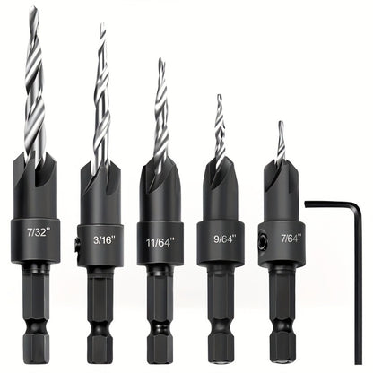 5pcs Countersink Drill Bit Set #4 #6 #8 #10 #12 Tapered with 1/4" Hex Shank Quick-Change – Adjustable Wood Counter Sinker Bits with Allen Wrench for Woodworking
