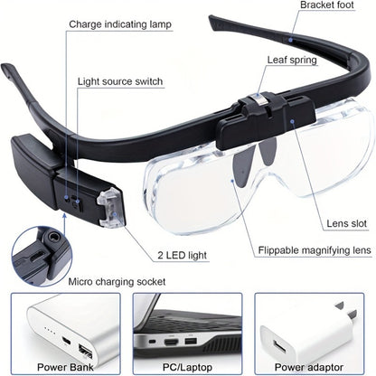 Headband Magnifier with LED Light Hands Free Illuminated Head Magnifying Glass Up to 4.5X Dual Lens Slots for Reading Jewelry Making Watch Repair Soldering Close Up Work