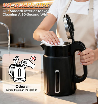 Electric Kettle 1000W Double Wall Stainless Steel – 57.48oz 304 SS Hot Water Kettle with 360° Rotary Base, LED Light, Auto Shut-Off & Boil-Dry Protection, Instant Water Warmer for Coffee & Tea – Black