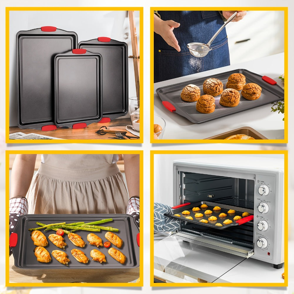 Carbon Steel Nonstick Baking Pan Set 3 or 9pcs Commercial Grade Restaurant Quality Nonstick Inside and Outside Oven Baking Pan with Red Silicone Handle Gray