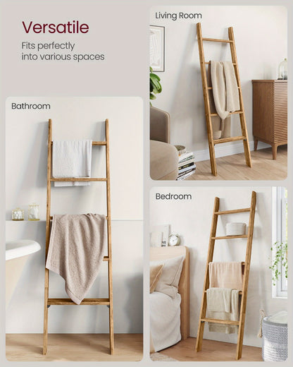 Blanket Ladder Shelf 5-Tier Freestanding Wood Ladder Rack for Blankets Towels Books Decor, Modern Farmhouse Ladder Shelf Wall Leaning Storage Organizer for Living Room Bedroom, 4 Colors