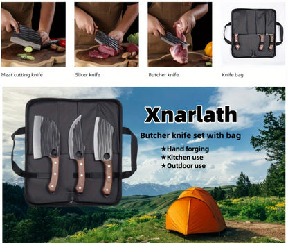 Viking Hand-Forged Butcher Knife Set – High Carbon Steel Meat Cleaver, Boning & Carving Knife, Vegetable Knife for BBQ & Camping, with Carrying Case