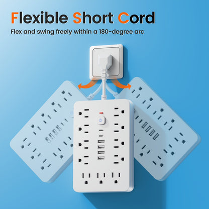 Extension Cord Power Strip with USB Ports 11 AC Outlets 4 USB-A 2 USB-C Surge Protector Overload Protection Short Cord 5FT 10FT for Home Office Study School Desk Charging Station White Black
