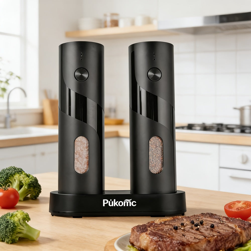 Electric Pepper Grinder Set of 2, Rechargeable with Charging Base, 6 Adjustable Coarseness Settings, Built-in LED Light & ABS Motor — Salt & Pepper Mill for Peppercorns & Spices, Brush Included