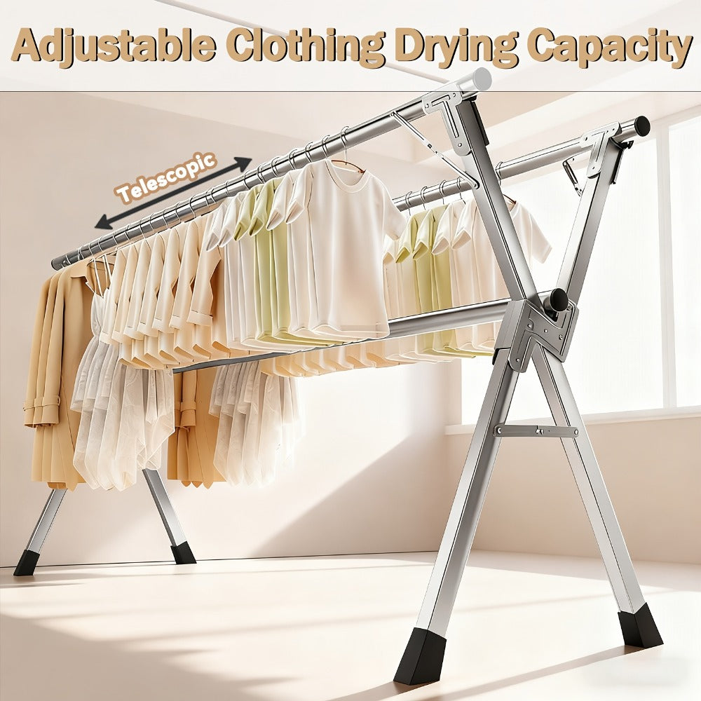 Clothes Drying Rack Foldable with Extendable Rod & Windproof Hooks — Space-Saving High-Capacity Metal Laundry Rack for Indoor, Outdoor, Balcony & Laundry Room | Multiple Sizes