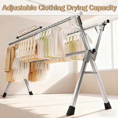 Clothes Drying Rack Foldable with Extendable Rod & Windproof Hooks — Space-Saving High-Capacity Metal Laundry Rack for Indoor, Outdoor, Balcony & Laundry Room | Multiple Sizes