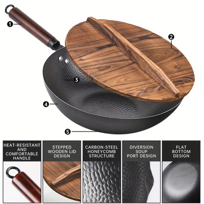 Carbon Steel Wok Pan 12.6 Inch with Lid & 10 Accessories – Uncoated Chinese Stir Fry Wok, Flat Bottom for Electric Induction Gas Stoves, 11-Piece Cookware Set