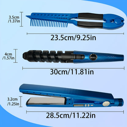 3-in-1 Hair Styling Set Flat Iron Curling Iron & Styling Comb, Anti-Scald Hair Straightener & Curler for Big Waves Straight Hair Curls, Professional Hair Tools Gift for Women, Mother's Day Birthday