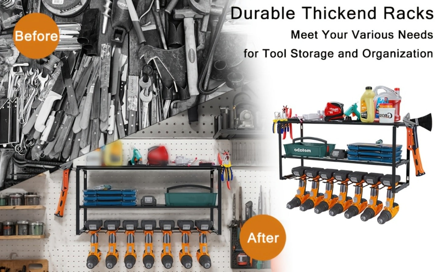 Wall Mount Power Tool Storage Rack, Heavy-Duty 150 Lb Steel 3-Tier & 4-Tier Garage Tool Organizer with 7 Bit Holders – Workshop Shed Basement Wall Storage