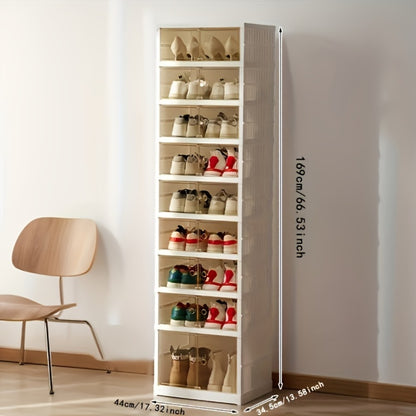 Shoe Rack Organizer 9-Tier, Collapsible Clear Plastic Foldable Stackable Shoe Cabinet with Shelves & Doors — No Assembly, Space-Saving Narrow Storage for Hallway, Apartment & Small Spaces