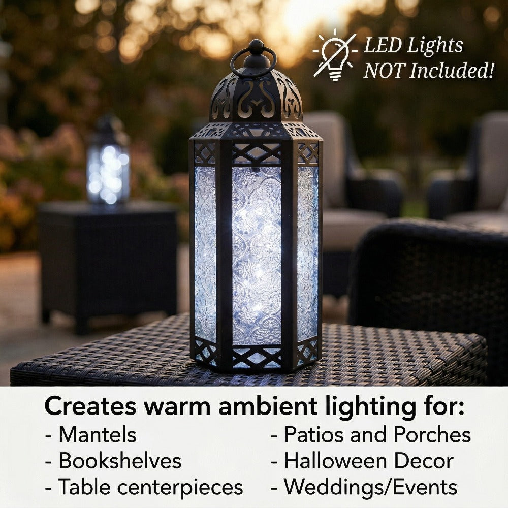 Moroccan Candle Lantern Holder - Decorative Metal & Glass Lantern with Embossed Floral Design for Indoor Home Decor, Garden, Patio, Weddings, Ramadan, Halloween & Holiday Celebrations - 10.5" Tall Medium Size