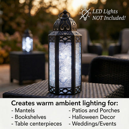 Moroccan Candle Lantern Holder - Decorative Metal & Glass Lantern with Embossed Floral Design for Indoor Home Decor, Garden, Patio, Weddings, Ramadan, Halloween & Holiday Celebrations - 10.5" Tall Medium Size