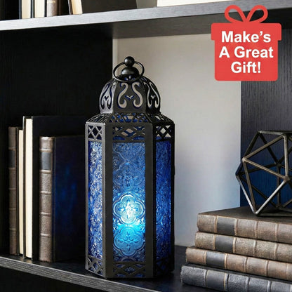 Moroccan Candle Lantern Holder - Decorative Metal & Glass Lantern with Embossed Floral Design for Indoor Home Decor, Garden, Patio, Weddings, Ramadan, Halloween & Holiday Celebrations - 10.5" Tall Medium Size