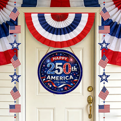 Patriotic Wooden Door Sign 250th Anniversary 1776-2026 Retro Round Wreath 4th of July Independence Day Hanging Decoration Home Porch Outdoor Wall Decor