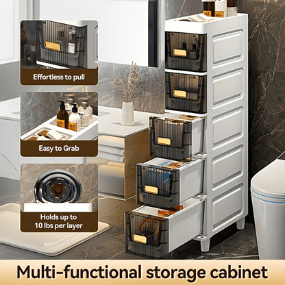 Slim Storage Cabinet with Drawers & Wheels - Waterproof PP Bathroom Kitchen Organizer, 3-5 Layer Tower Unit for Small Spaces