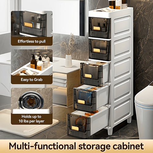 Slim Storage Cabinet with Drawers & Wheels - Waterproof PP Bathroom Kitchen Organizer, 3-5 Layer Tower Unit for Small Spaces